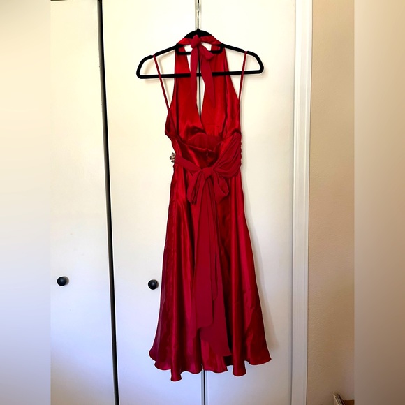 Red silk halter A-frame formal dress - Picture 4 of 8
